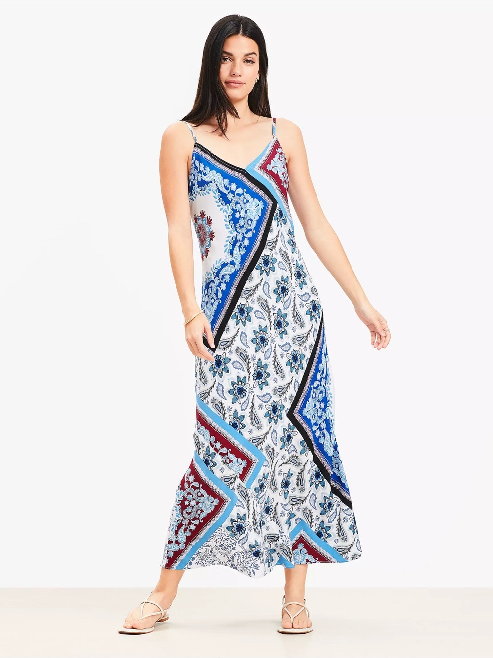 LOFT Blue, White & Maroon Paisley Bandana Print Maxi Slip Dress size 10